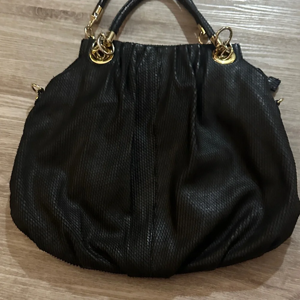 Cynthia Rowley Black Textured Leather Shoulder Bag with Gold Accents - Picture 7 of 10